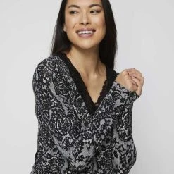 Jane Lamerton Lace Long Sleeve Sleep Top Black White -Savannah Shop 632079 C 1001 25