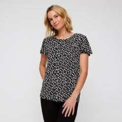 Khoko Smart Gathered Crew Neck Top Black & White -Savannah Shop 634857 C 1007 44