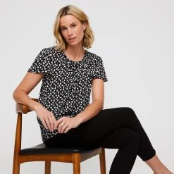 Khoko Smart Gathered Crew Neck Top Black & White