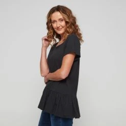 Khoko Collection Cotton Slub Tiered Hem Tee Black