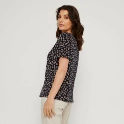 Savannah Vee Neck Jersey Top Black & Floral Small