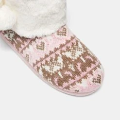 Sash & Rose Bloom Knit Boot Slipper With Pom Pom Multicoloured