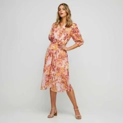 JB Jayson Brunsdon Wrap Front Midi Dress Sunset 10 -Savannah Shop BP634848001 sunset mor 3