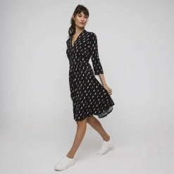 Khoko Smart V Neck F/Flare 3/4 Sleeve Dress Black & Print