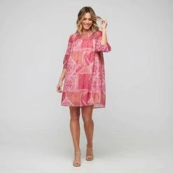 Leona Edmiston Ruby Balloon Sleeve Tunic Dress Pink & Orange -Savannah Shop BP634868001 pink orange pnk
