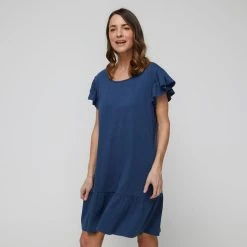 Khoko Collection Cotton Slub Ruffle Sleeve Dress Denim -Savannah Shop BP639775006 denim