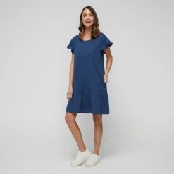 Khoko Collection Cotton Slub Ruffle Sleeve Dress Denim -Savannah Shop BP639775006 denim 3