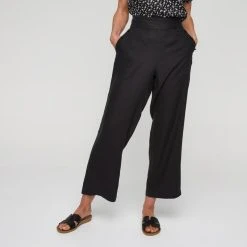 Khoko Smart Women's Linen Wide Leg Button Trim Black Pant Black -Savannah Shop BP639938001 black
