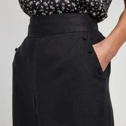 Khoko Smart Women's Linen Wide Leg Button Trim Black Pant Black -Savannah Shop BP639938001 black 4