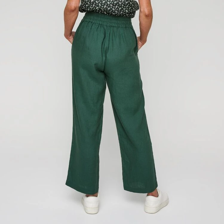 Khoko Smart Women's Linen Wide Leg Button Trim Moss Pant Moss 5 Khoko Smart Women's Linen Wide Leg Button Trim Moss Pant Moss - Image 3