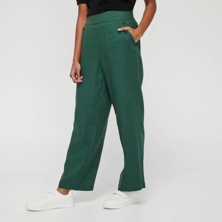 Khoko Smart Women's Linen Wide Leg Button Trim Moss Pant Moss 12 Khoko Smart Women's Linen Wide Leg Button Trim Moss Pant Moss - Image 10