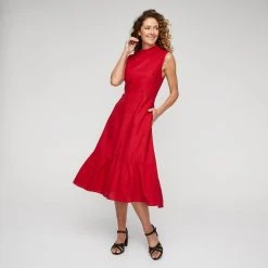 LEONA EDMISTON RUBY LINEN KEY HOLE MIDI DRESS -Savannah Shop BP640085001 red