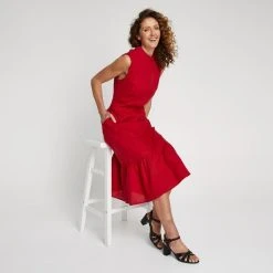 LEONA EDMISTON RUBY LINEN KEY HOLE MIDI DRESS -Savannah Shop BP640085001 red 3