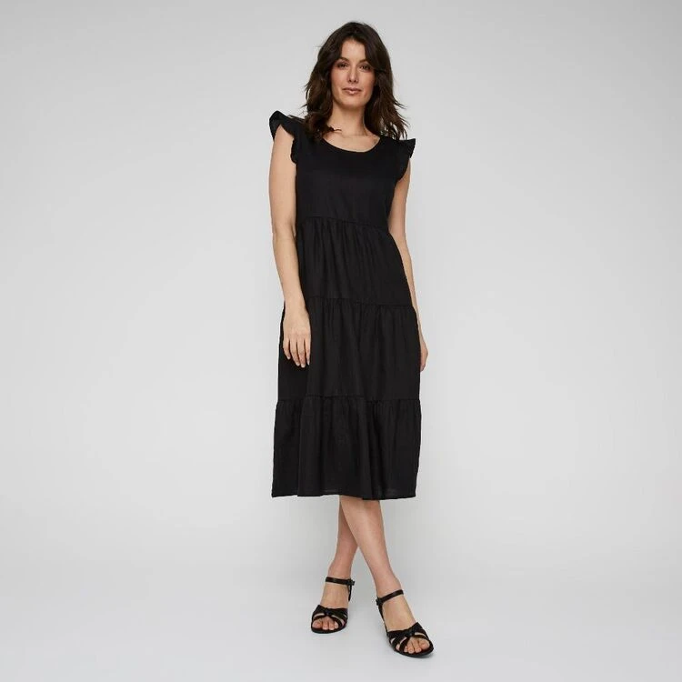 Leona Edmiston Ruby Women's Linen Tiered Flutter Sleeve Black Midi Dress Black 5 Leona Edmiston Ruby Women's Linen Tiered Flutter Sleeve Black Midi Dress Black - Image 3