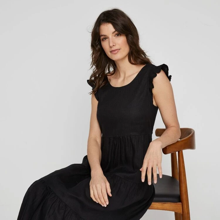 Leona Edmiston Ruby Women's Linen Tiered Flutter Sleeve Black Midi Dress Black 4 Leona Edmiston Ruby Women's Linen Tiered Flutter Sleeve Black Midi Dress Black - Image 2