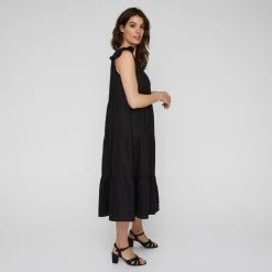 Leona Edmiston Ruby Women's Linen Tiered Flutter Sleeve Black Midi Dress Black