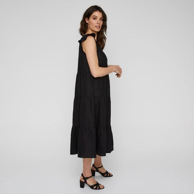 Leona Edmiston Ruby Women's Linen Tiered Flutter Sleeve Black Midi Dress Black 3 Leona Edmiston Ruby Women's Linen Tiered Flutter Sleeve Black Midi Dress Black
