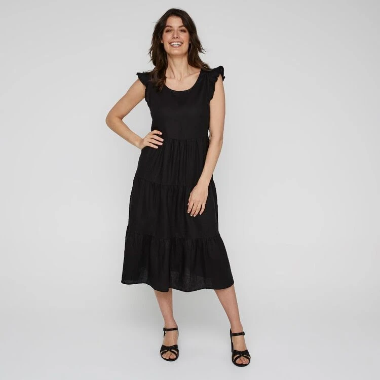 Leona Edmiston Ruby Women's Linen Tiered Flutter Sleeve Black Midi Dress Black 7 Leona Edmiston Ruby Women's Linen Tiered Flutter Sleeve Black Midi Dress Black - Image 5
