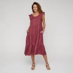 Leona Edmiston Ruby Women's Linen Tiered Flutter Sleeve Rose Midi Dress Rose 12 -Savannah Shop BP640087001 rose