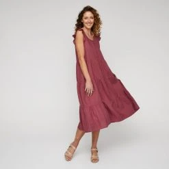 Leona Edmiston Ruby Women's Linen Tiered Flutter Sleeve Rose Midi Dress Rose 12 -Savannah Shop BP640087001 rose 3