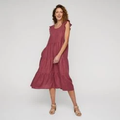 Leona Edmiston Ruby Women's Linen Tiered Flutter Sleeve Rose Midi Dress Rose 12