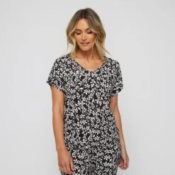 Jane Lamerton Women's Camellia Kimono PJ Top Black White -Savannah Shop BP641018004 blk wht