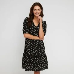 Khoko Smart Tiered Tunic Dress Dainty Print Black Black -Savannah Shop BP641323004 black