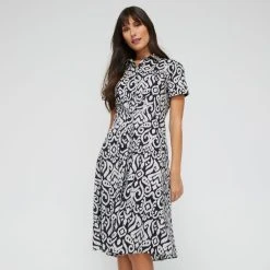 Jane Lamerton Women's Poplin Flared Midi Dress Mono Ikat Print Print