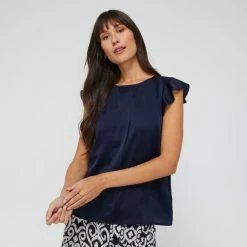 Jane Lamerton Women's Navy Pleat Front Top Navy