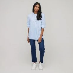Khoko Collection Women's Yarn Dye Linen Stripe Shirt Chambray -Savannah Shop BP644549001 chambray