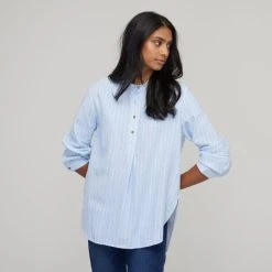 Khoko Collection Women's Yarn Dye Linen Stripe Shirt Chambray -Savannah Shop BP644549001 chambray 5