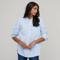 Khoko Collection Women's Yarn Dye Linen Stripe Shirt Chambray